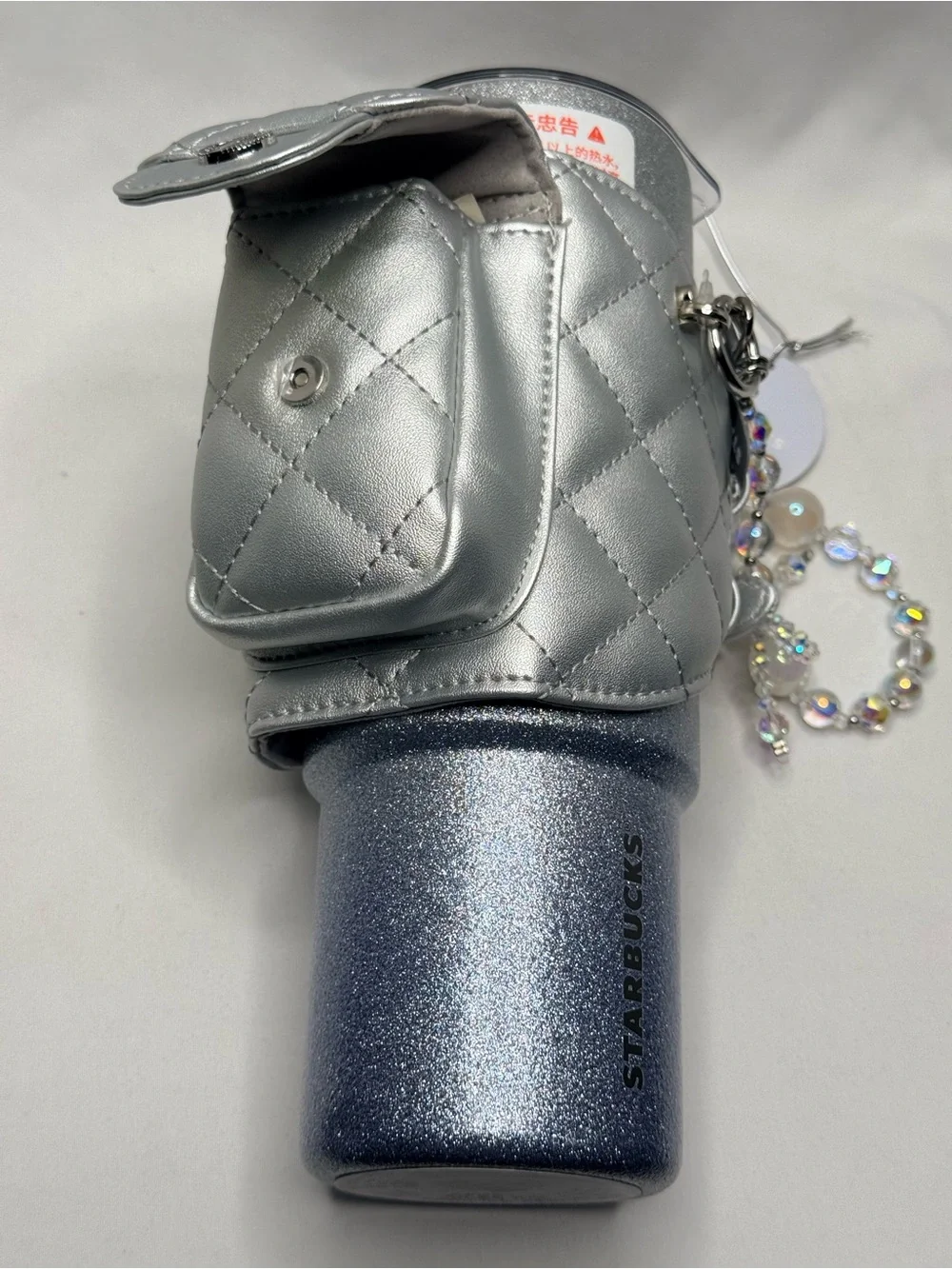 Starbucks Silver Glitter Tumbler with Quilted Pouch & Beaded Charm 16 oz New NWT